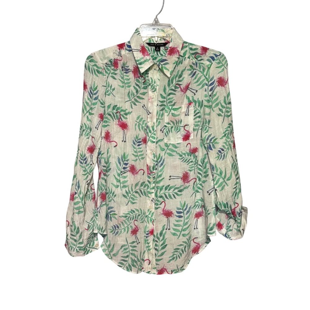Zac & Rachel Women’s Flamingo Print Button-Up‎ Shirt Size M Green/Pink Tropical